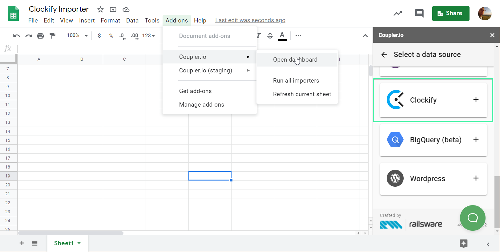 Clockify importer on the Coupler.io dashboard