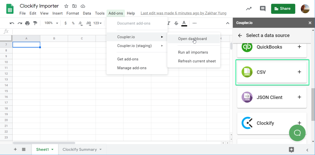 CSV importer on the Coupler.io dashboard