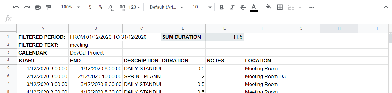 Données de calendrier importées avec Calendar to Sheet