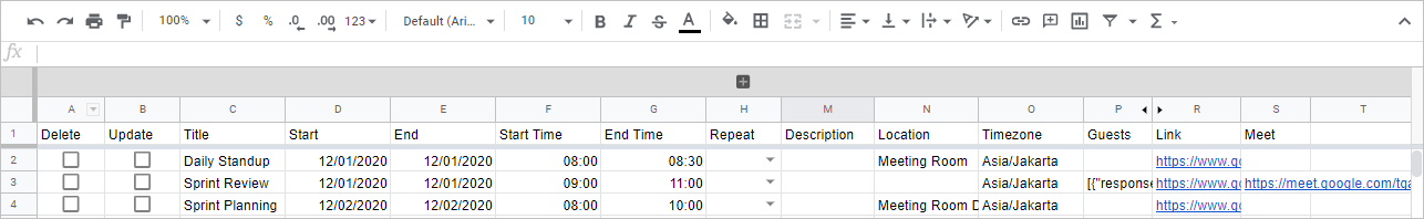 Données de calendrier importées avec Sheets2GCal
