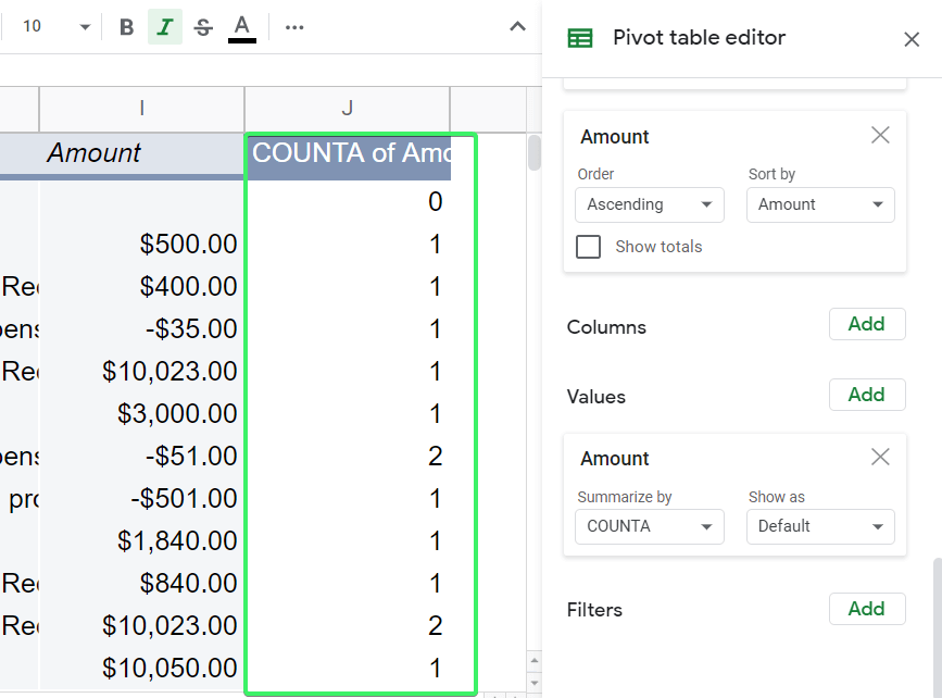 Column in a pivot table showing the duplicates