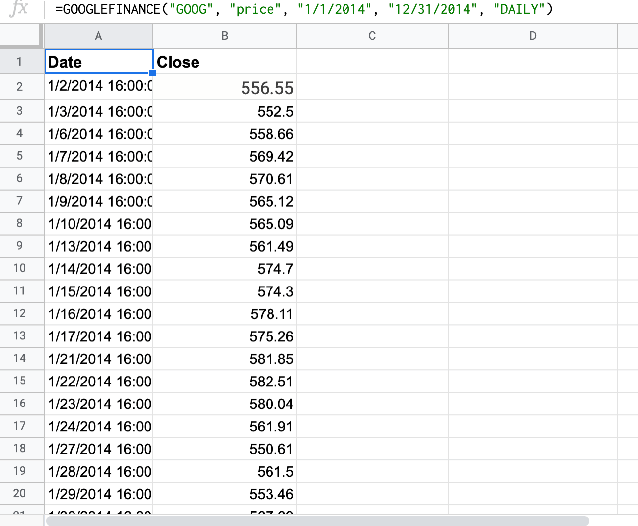 Ejemplo de fórmula de la función GOOGLEFINANCE