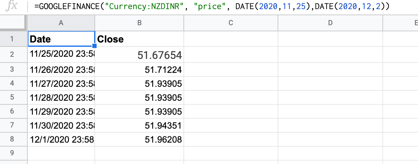 Importar tipos de cambio históricos con GOOGLEFINANCE