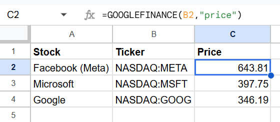 meta ticker example googlefinance cell reference