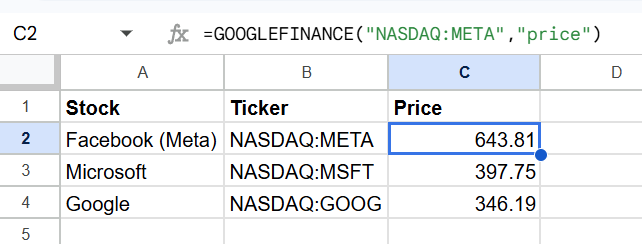 meta ticker example googlefinance