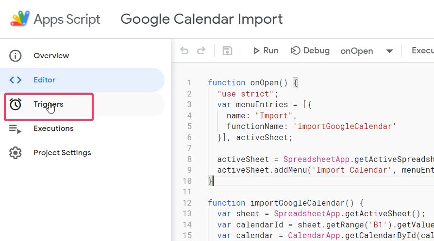 Triggers section in Apps Script