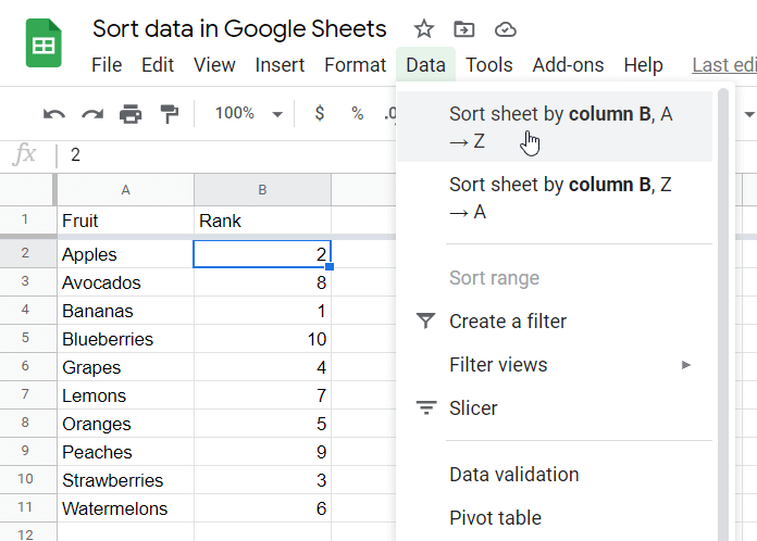 Sort data from lowest to highest