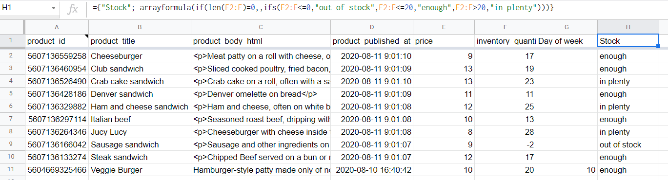 Array formula in a header row