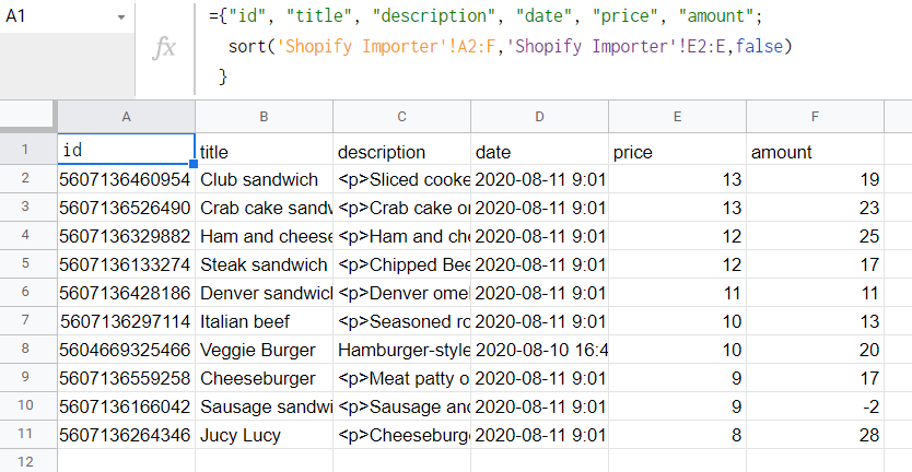 SORT function example