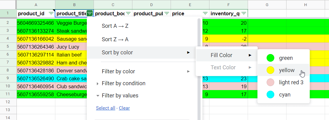 Sort by color in Google Sheets