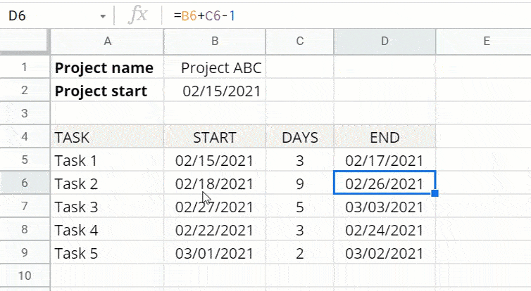 Create task dependencies in a Google Sheets Gantt chart