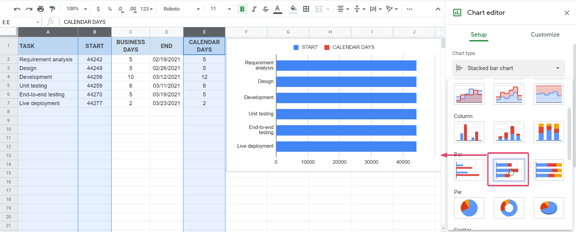 Insert a stacked bar chart