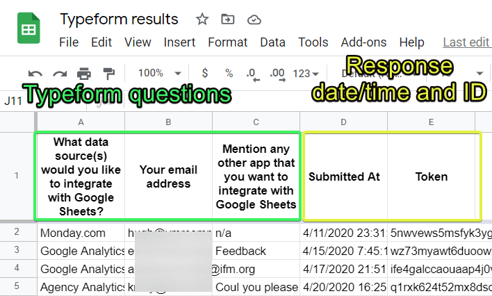Respuestas de Typeform en Google Sheets
