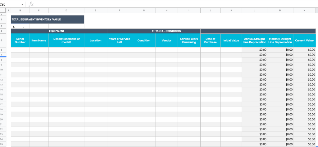 Athletic equipment inventory template in Google Sheets 