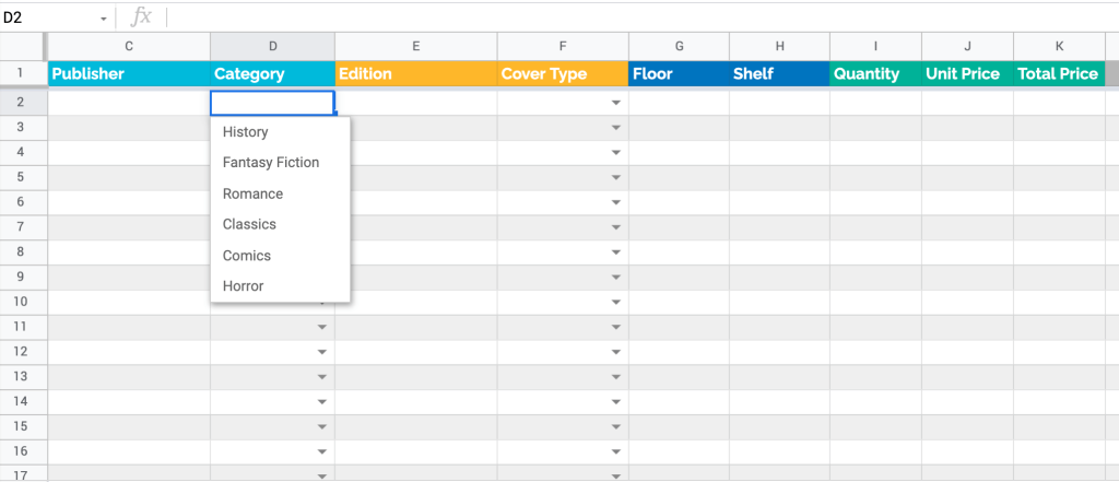 Books inventory tracker template in Google Sheets 