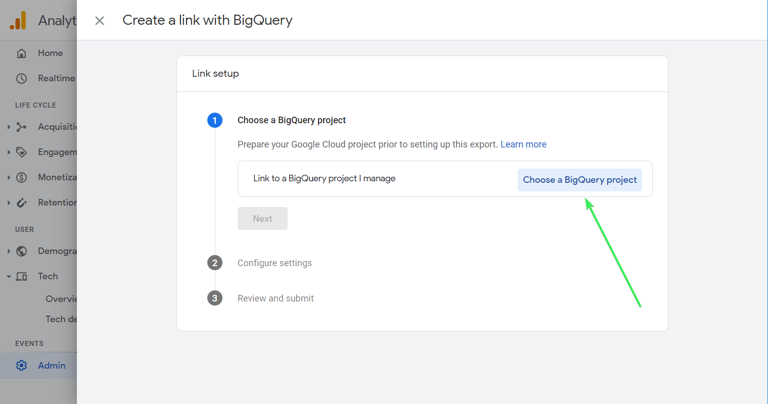 Elige un proyecto BigQuery (puedes elegir el proyecto al que tengas acceso). 