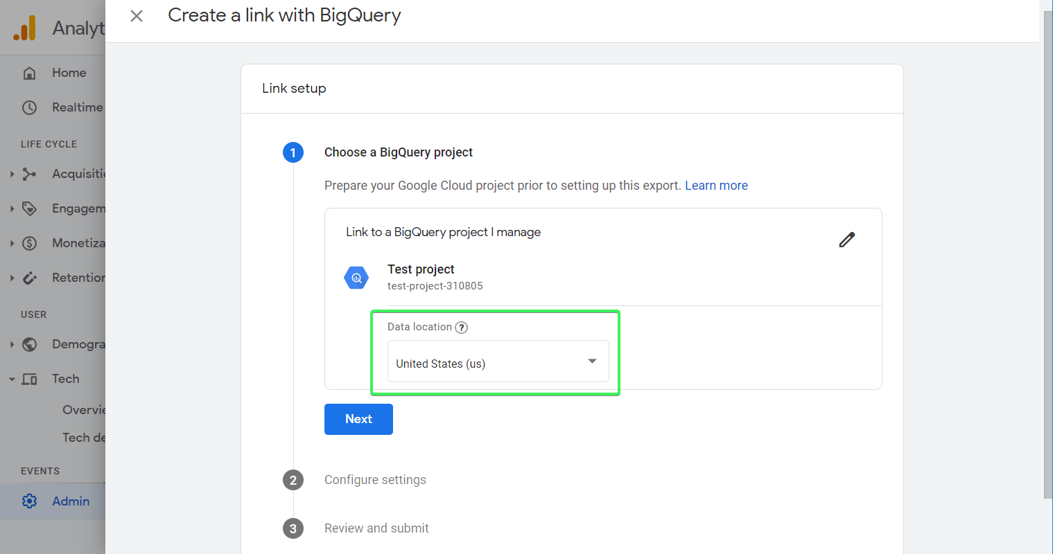 Selecciona una región de Google Cloud para tus datos cuando configures una exportación. Haz clic en "Siguiente".
