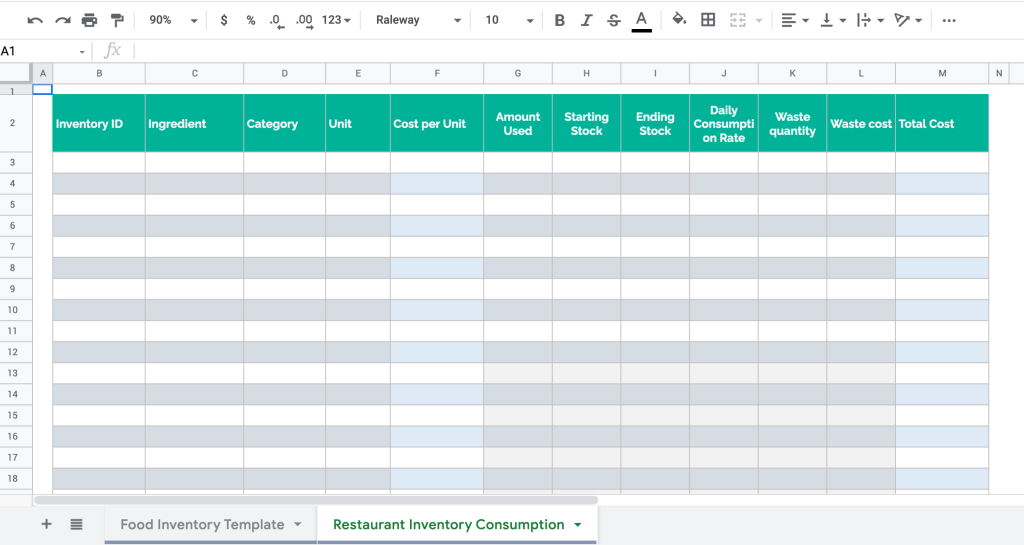 Restaurant inventory order template in Google Sheets 