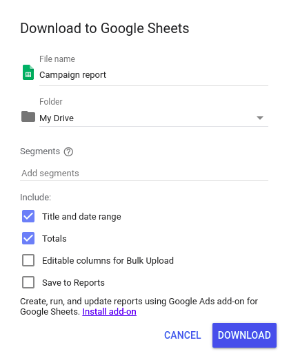 Téléchargement Google Ads vers Google Sheets