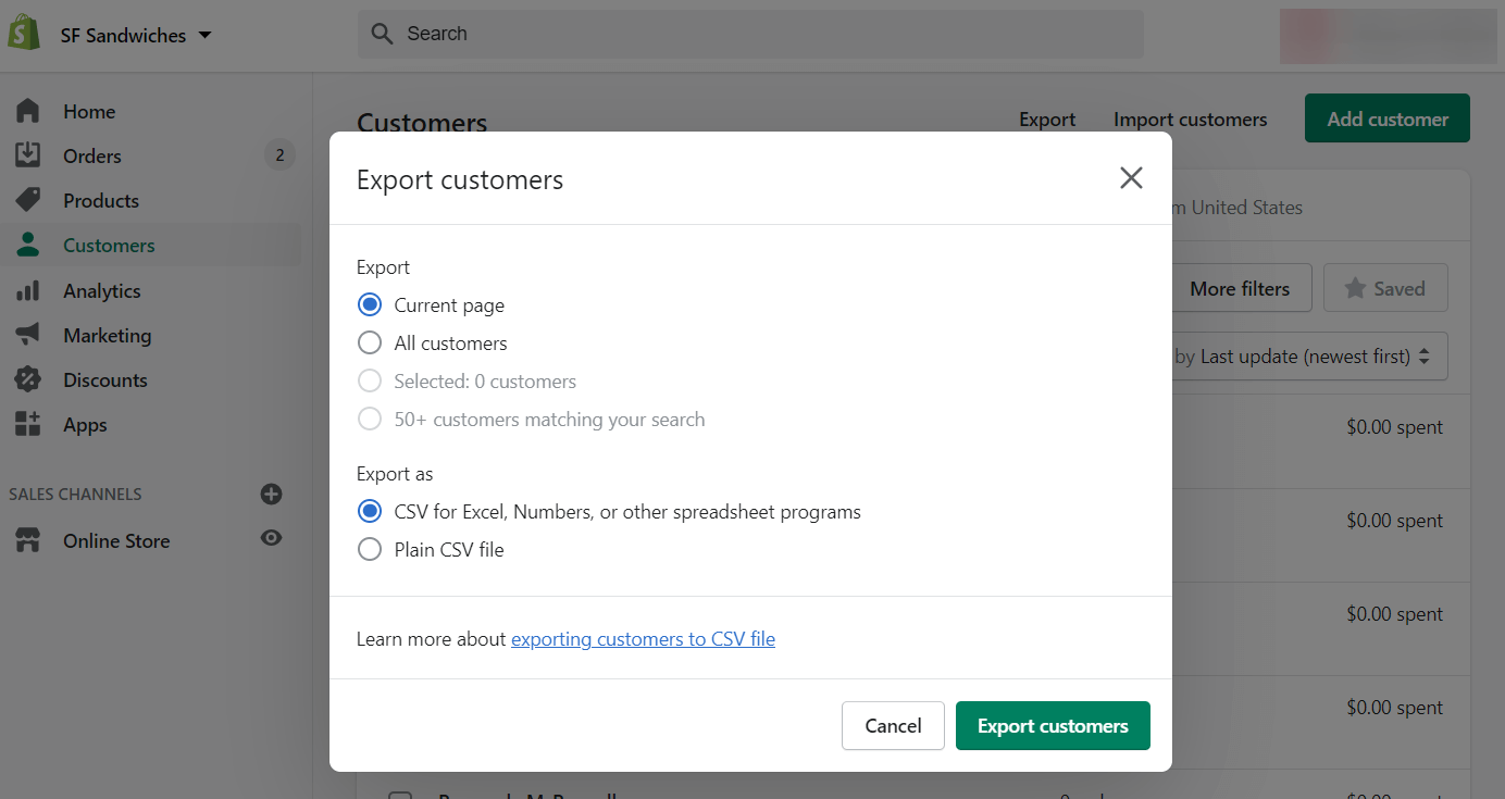 Exportar datos de clientes desde Shopify como CSV