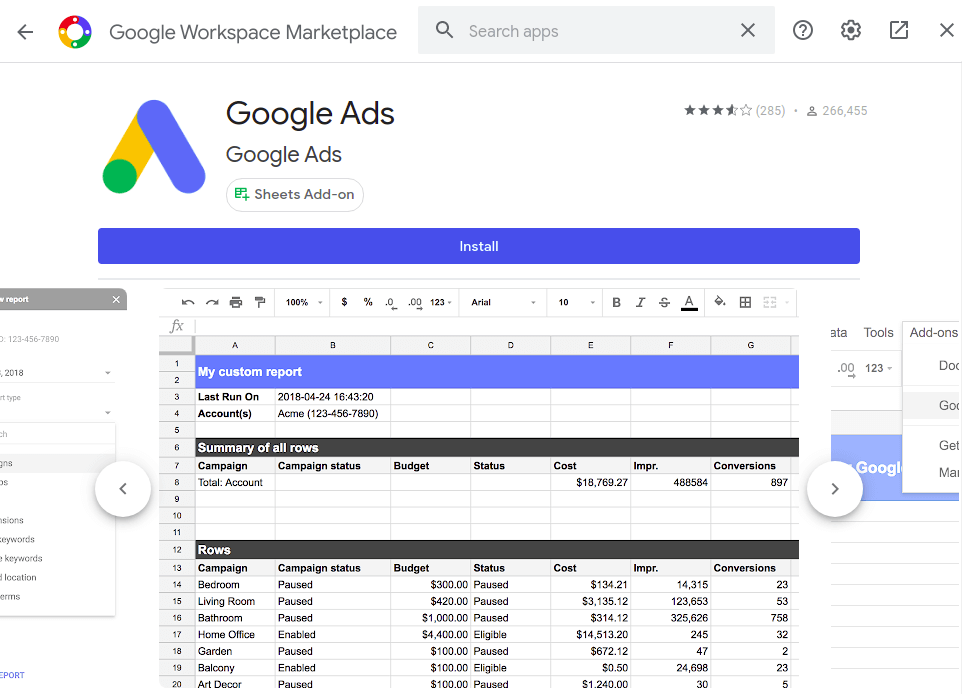 Add-on Google Ads pour Google Sheets
