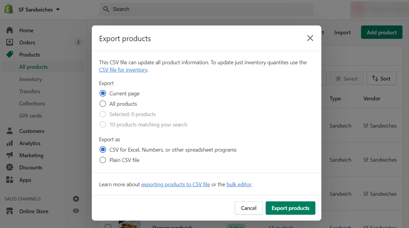 Shopify exportar productos como CSV 