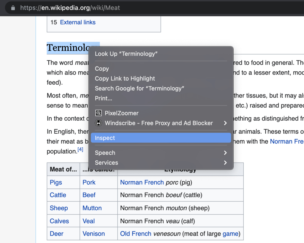 Right-click on the XML element and select Inspect.