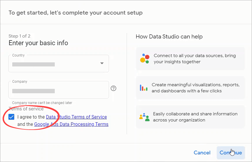 Figure 08. Completing the Data Studio account setup