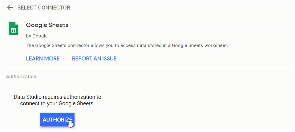 Figure 10. Authorizing Data Studio to connect to Google Sheets