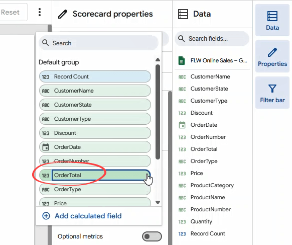 Figure 24. Changing the metric to OrderTotal