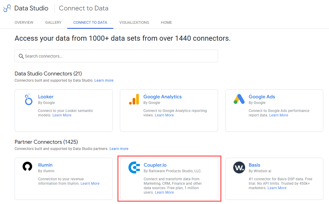 Figure 3. Data Studio connectors