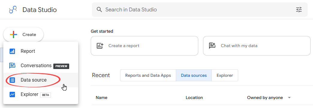 Figure 5. Creating a data source from the menu