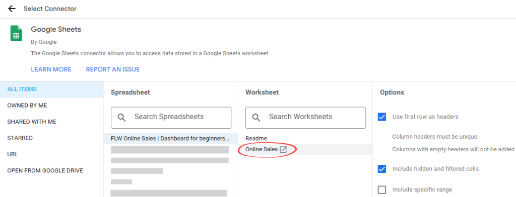 Figure 8. Selecting the spreadsheet and worksheet