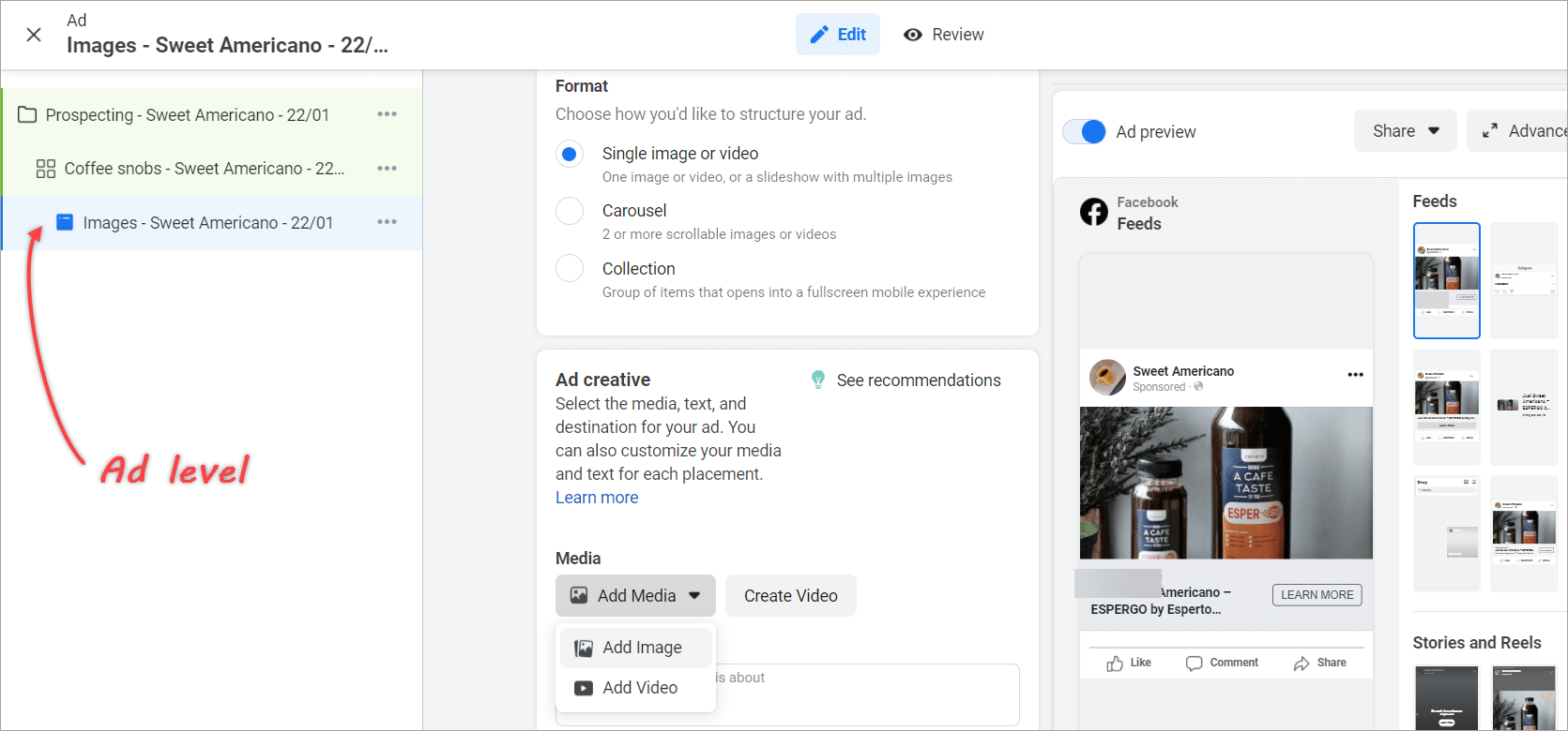 Anuncios de Facebook gestionando creatividades