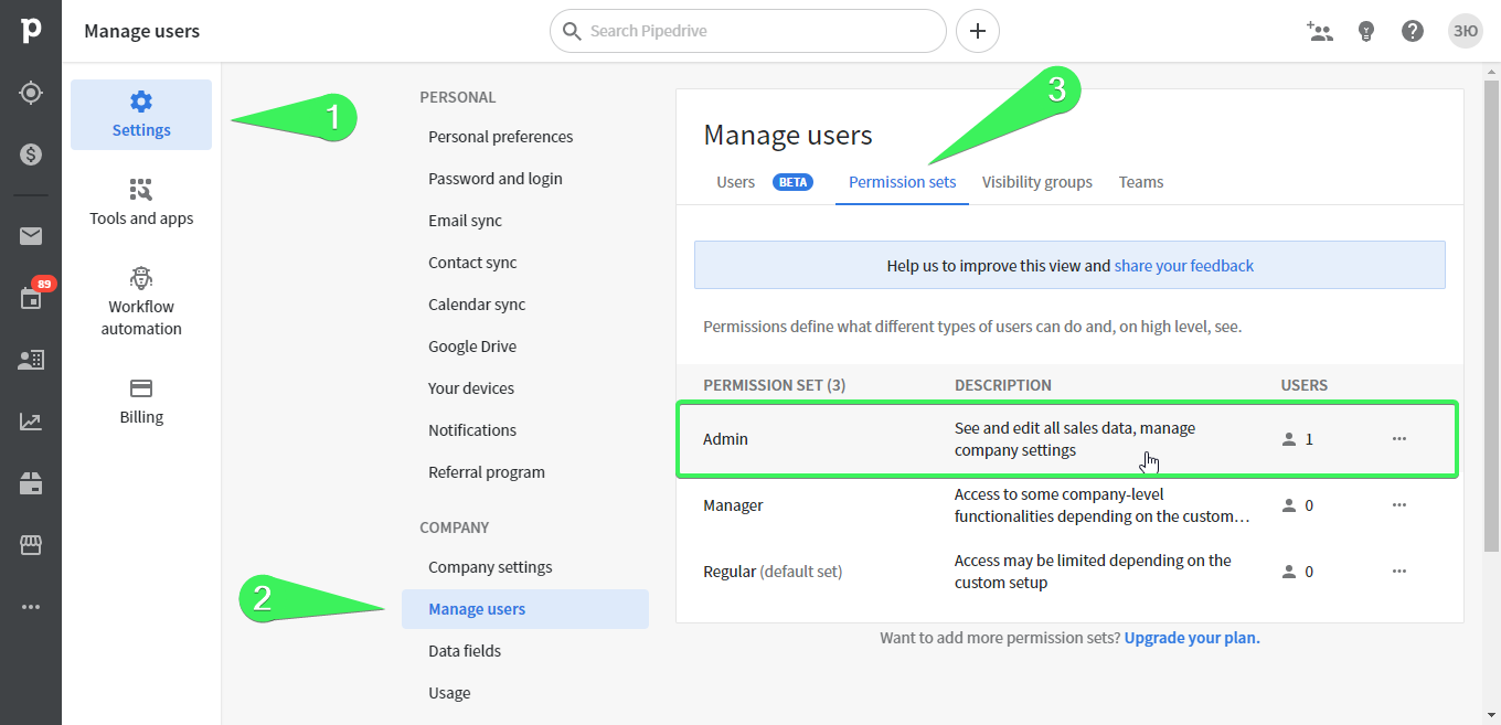 admin usuario pipedrive