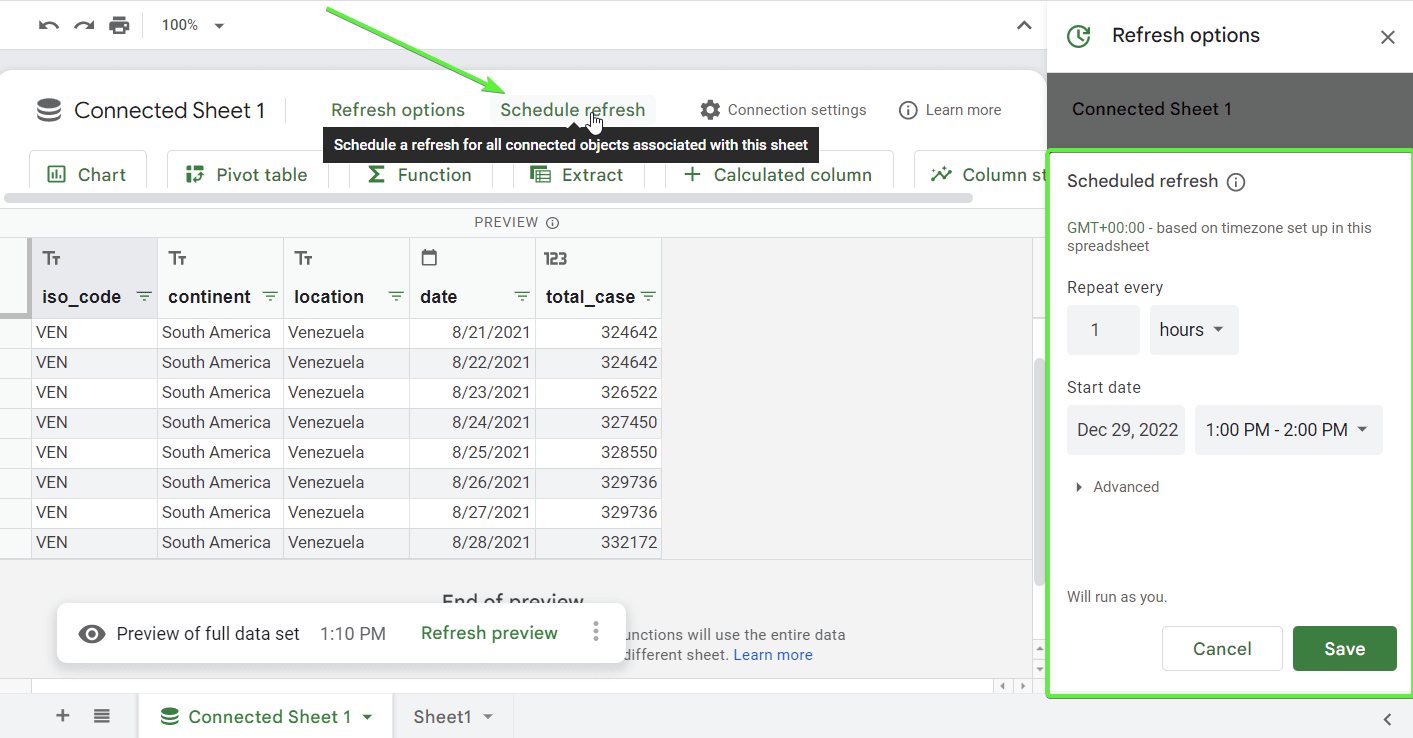 2.8 bigquery actualización de horarios de google sheets