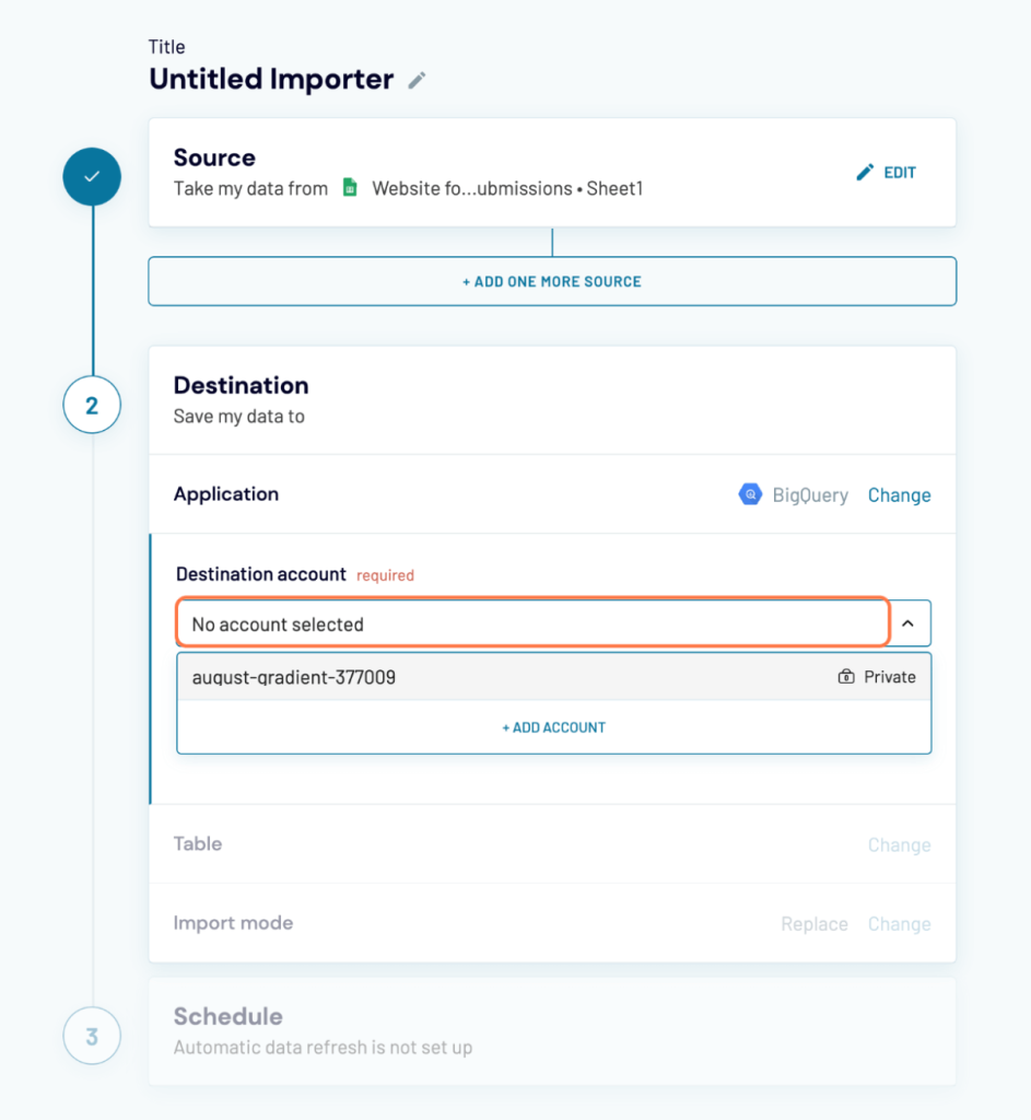 8 select bigquery account to connect sheets to