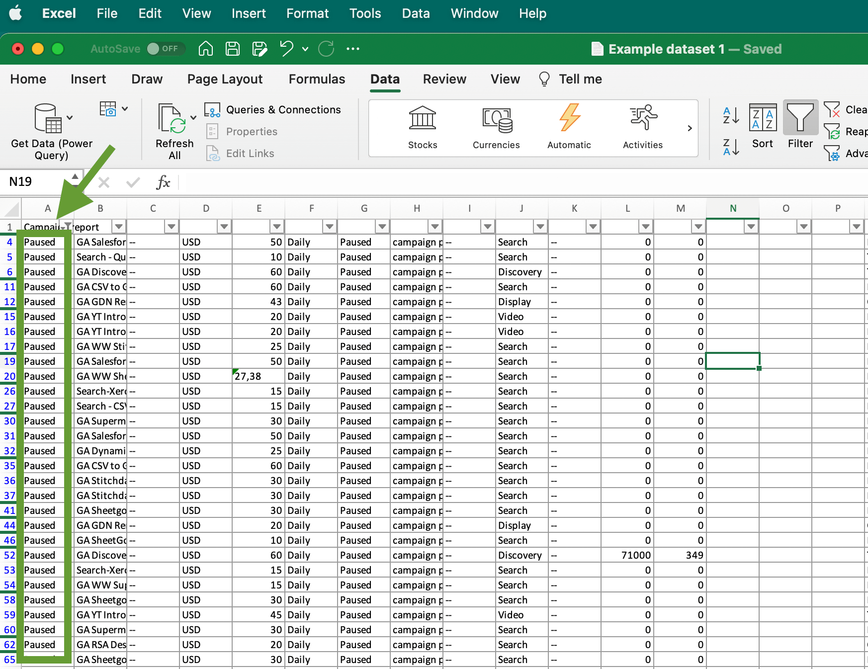 Ejemplo de datos filtrados Excel