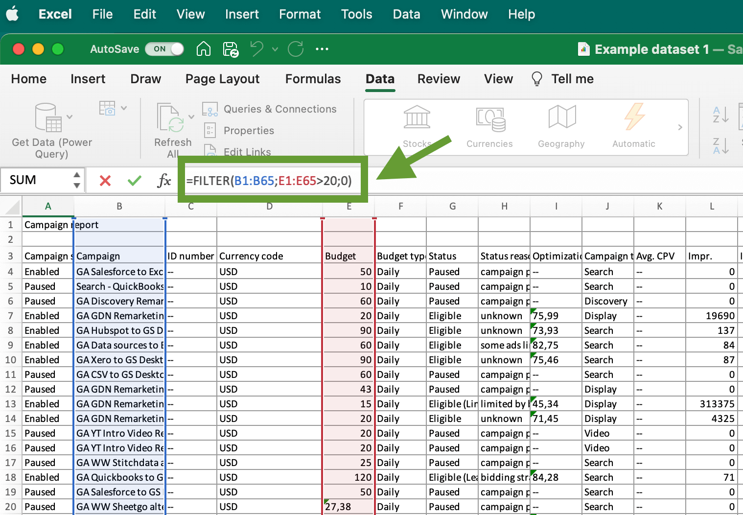 Excel filtere datos con una fórmula