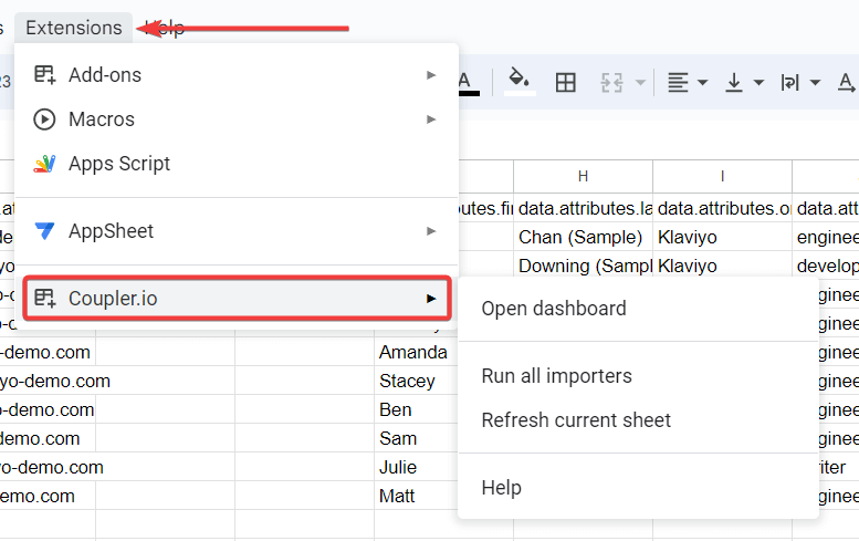 11 coupler abierto add on en google sheets