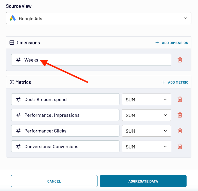 31 coupler data aggregation choose custom column with weeks as dimension