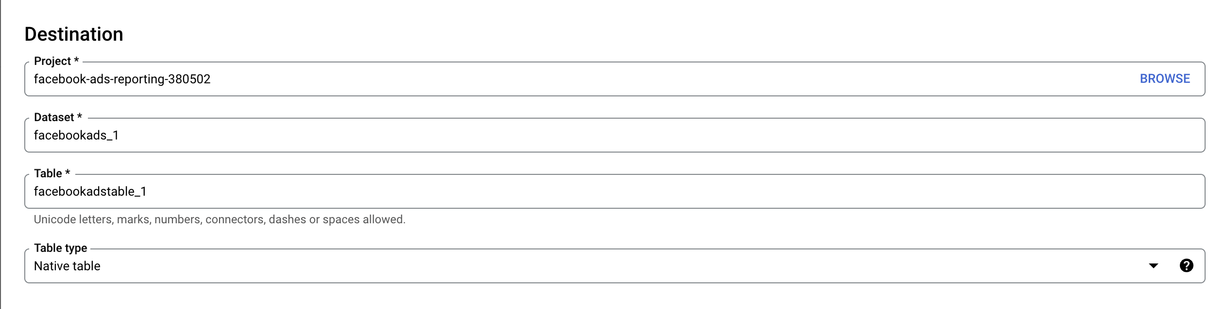 6 paramètres de destination BigQuery