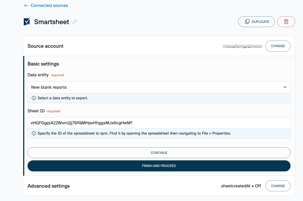 2. smartsheet source setup