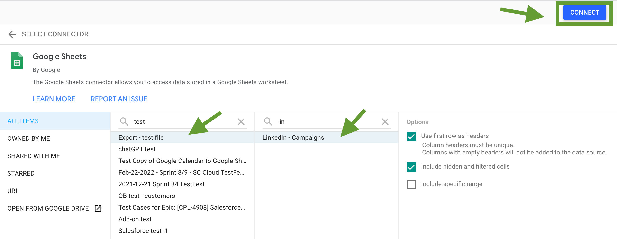 Google Sheets vers Looker Studio sélectionner la feuille