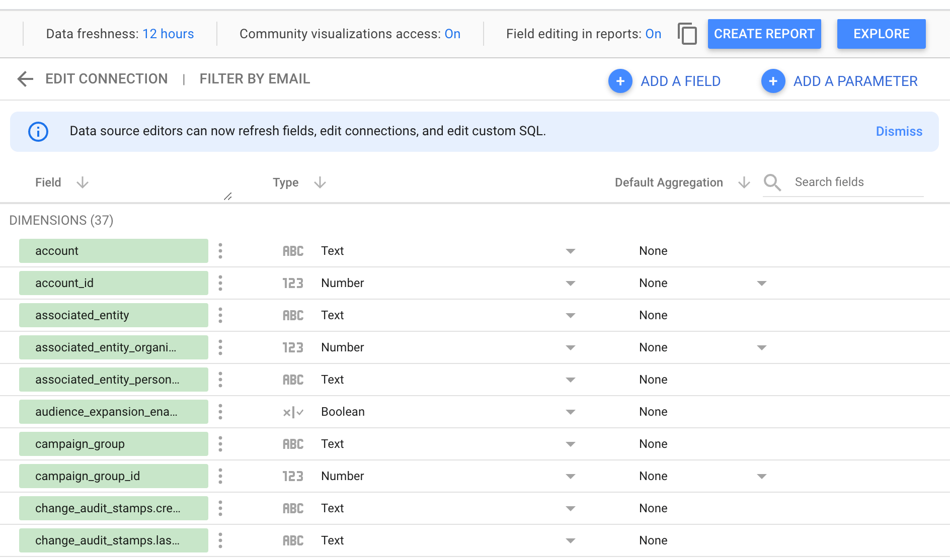 Google Sheets vers Looker Studio vérifier les types de champs