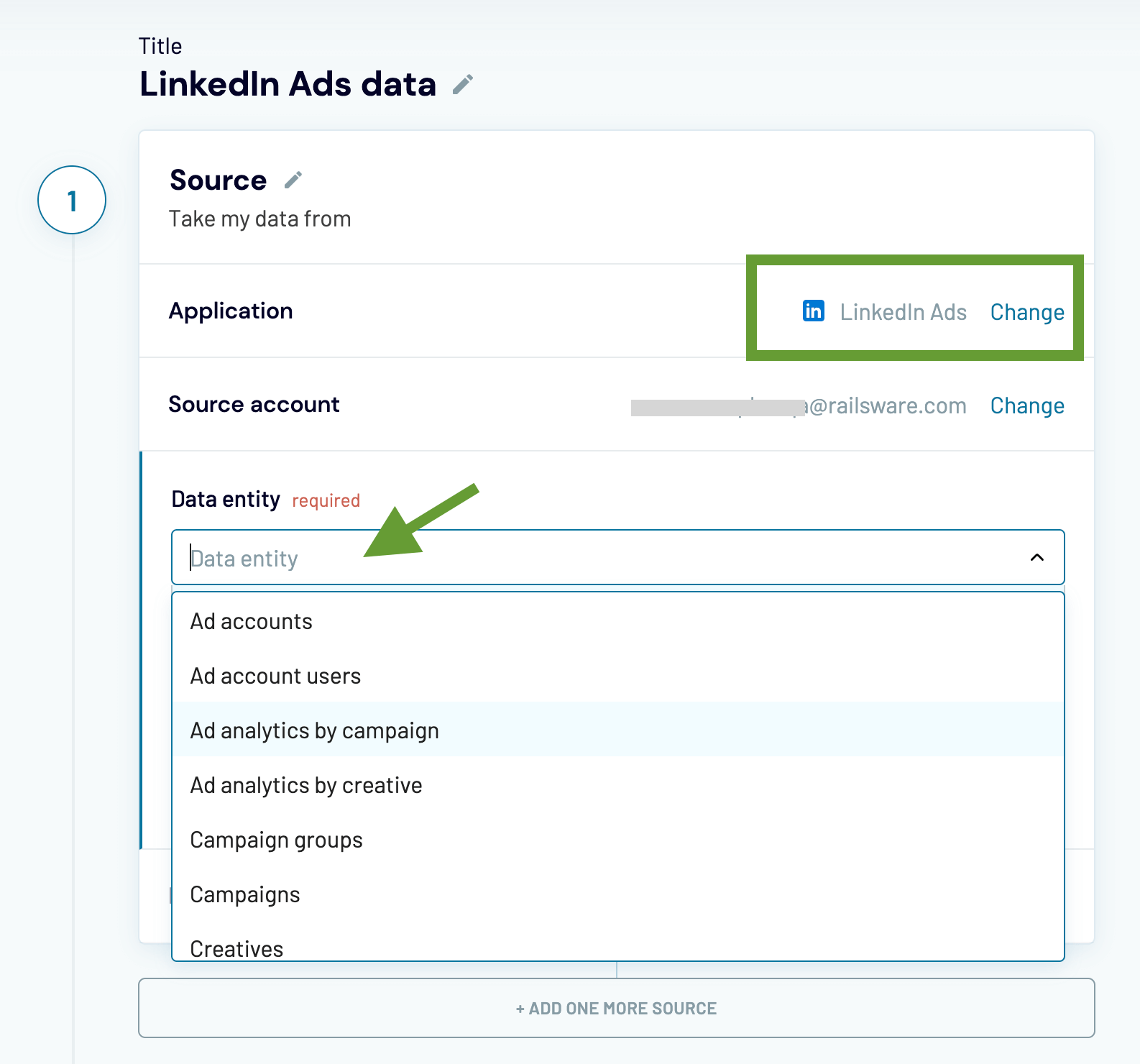 Coupler.io LinkedIn Ads vers Google Sheets. Sélectionnez l'entité de données