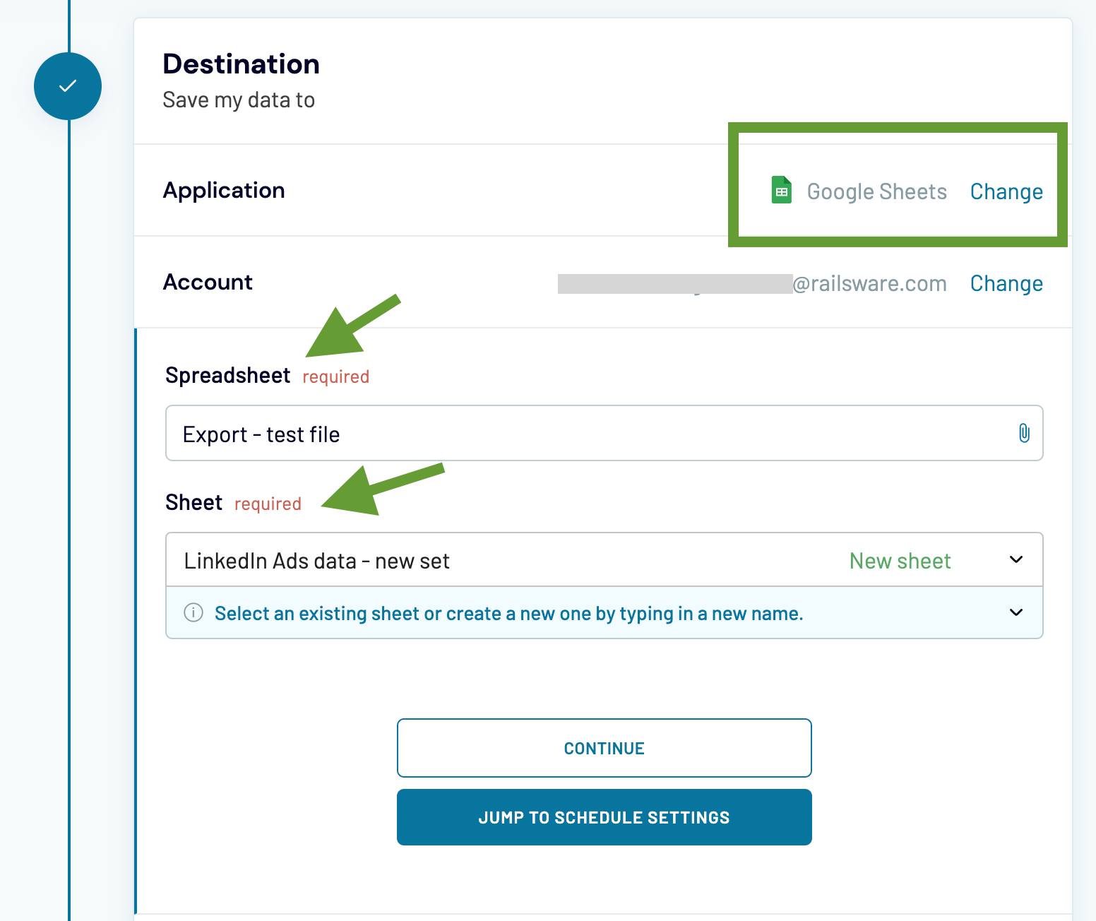 Coupler.io LinkedIn Ads vers Google Sheets paramètres de destination