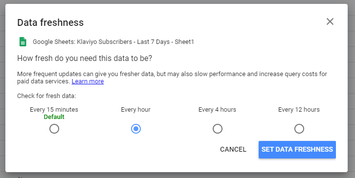 25 establecer la frecuencia de actualización de datos para automatizar klaviyo a looker studio