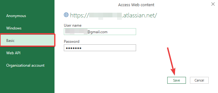 inserir credenciais para conectar a API do jira ao excel