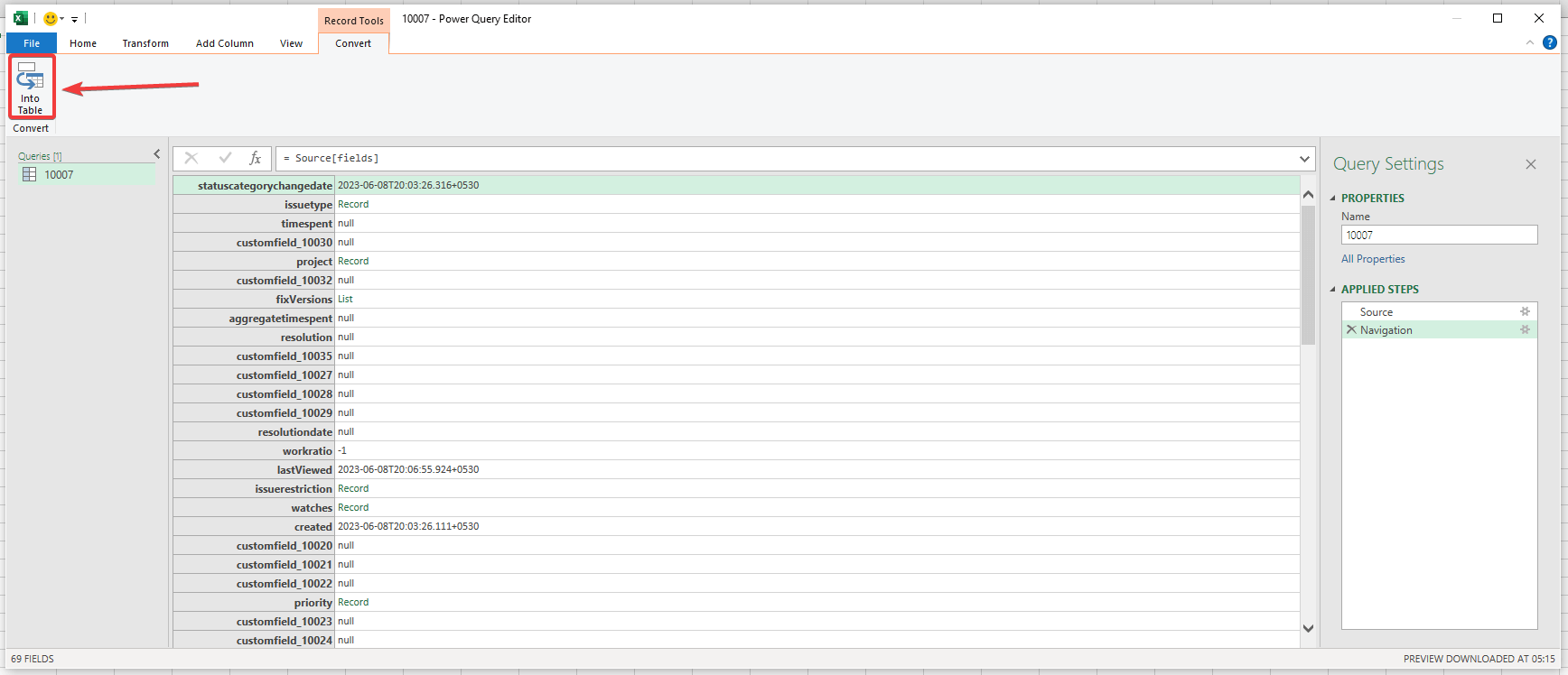 transformar a resposta da API em uma tabela no Excel